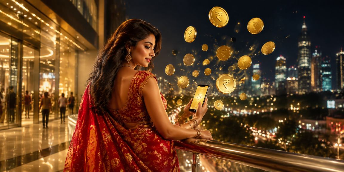 Indian woman celebrating bonus offer on mobile betting app